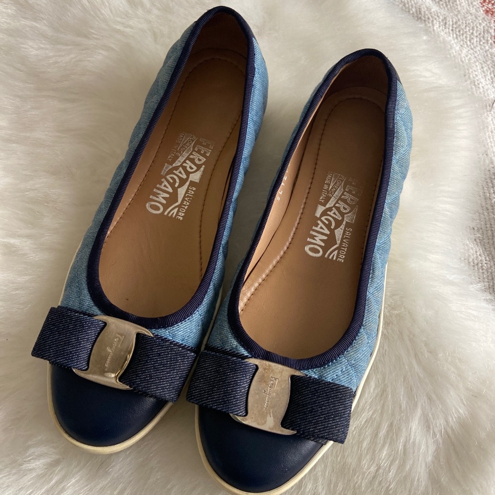 Salvatore Ferragamo Denim Quilted Bow Flats